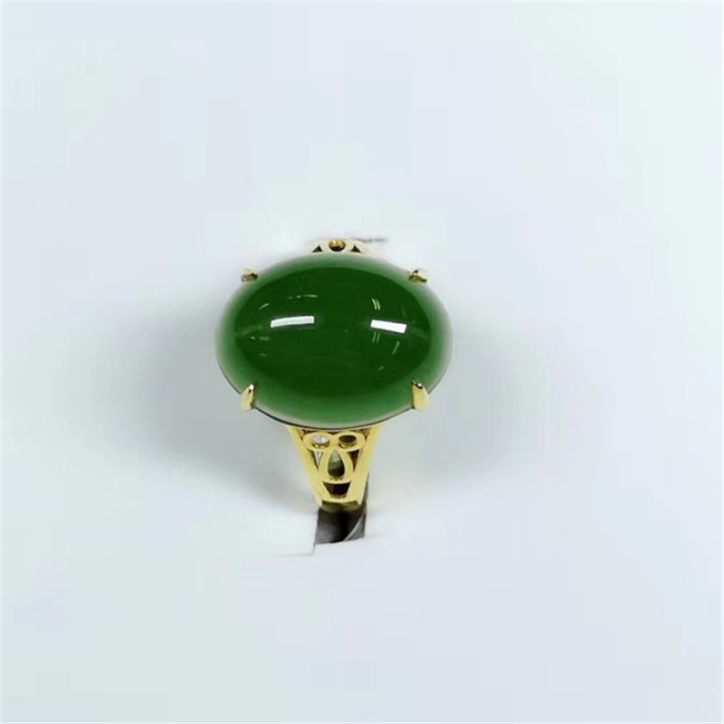 新疆和田玉18k戒指碧玉戒指和田玉戒指玉戒指女款金镶玉戒指正品
