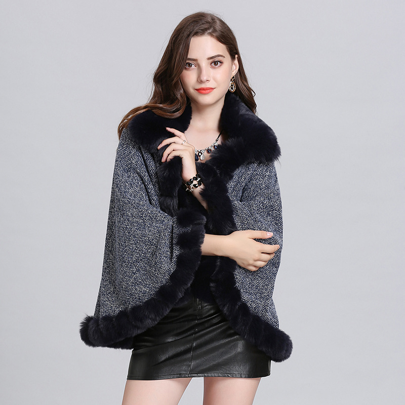 2021 Autumn and Winter New Fashion Lady Imitation Fox Fur Collar Fleece-Lined Knitting Cardigan Shawl Cape 1509#