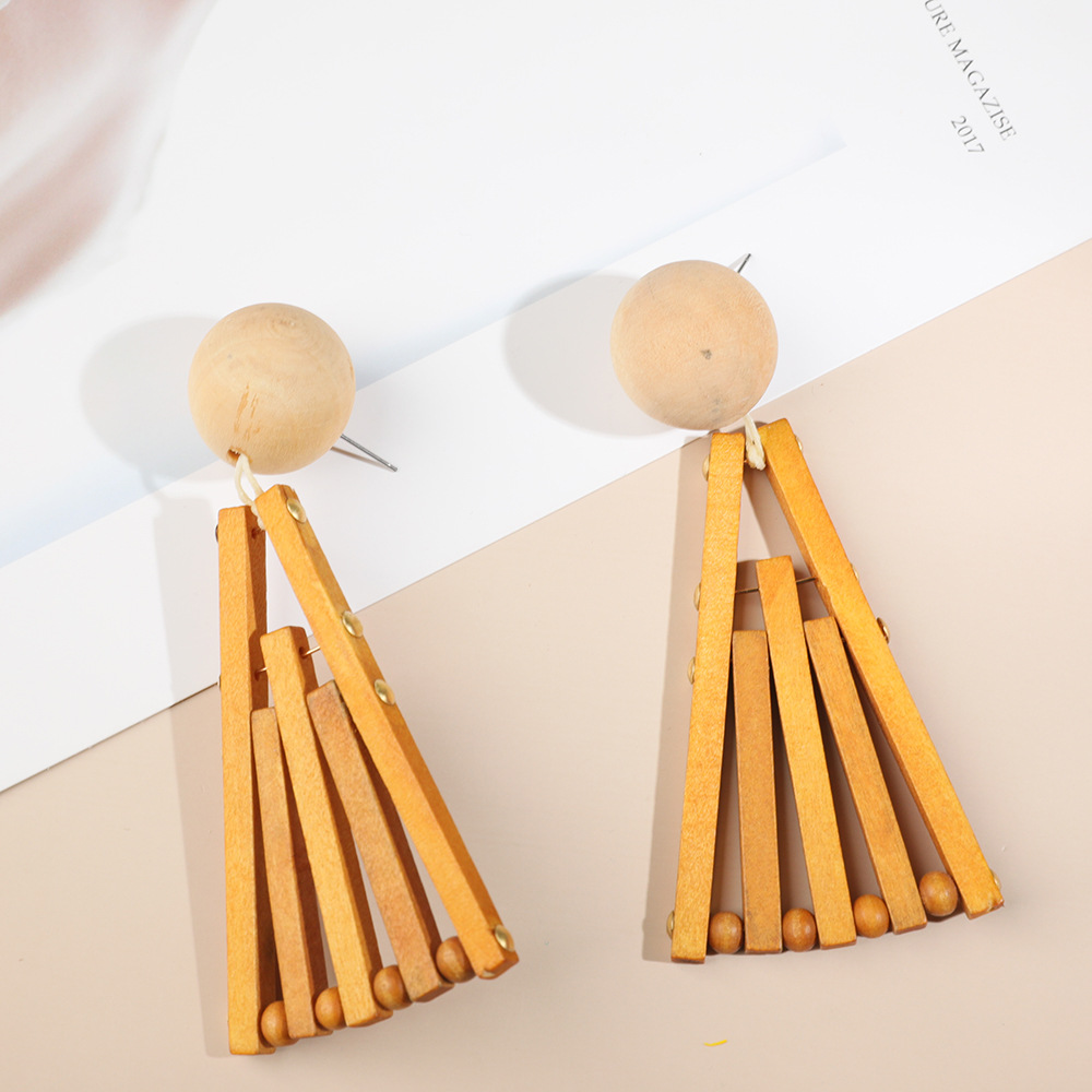 2021欧美流行木质耳饰 简约竹片镂空耳环女 几何流行编织扇形耳坠