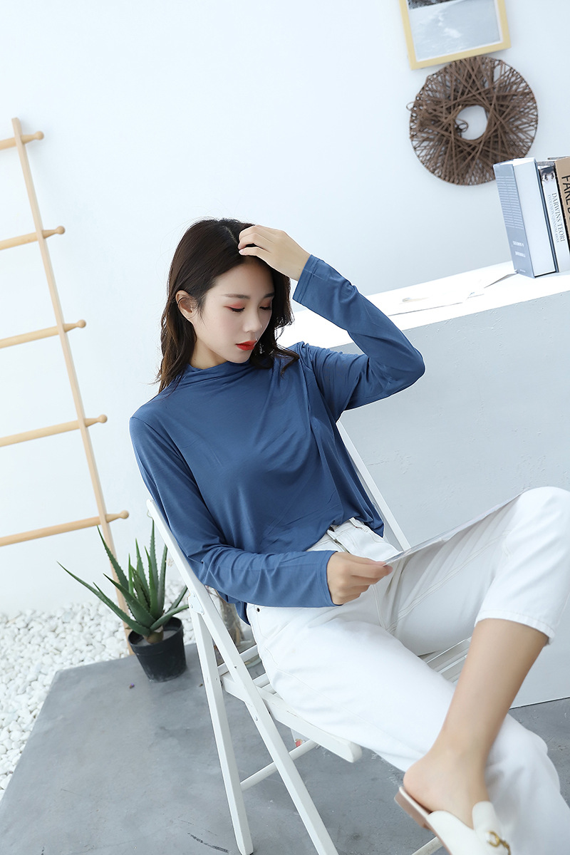 秋季新款半高领长袖打底衫韩版宽松大码弹力t恤女百搭纯色上衣