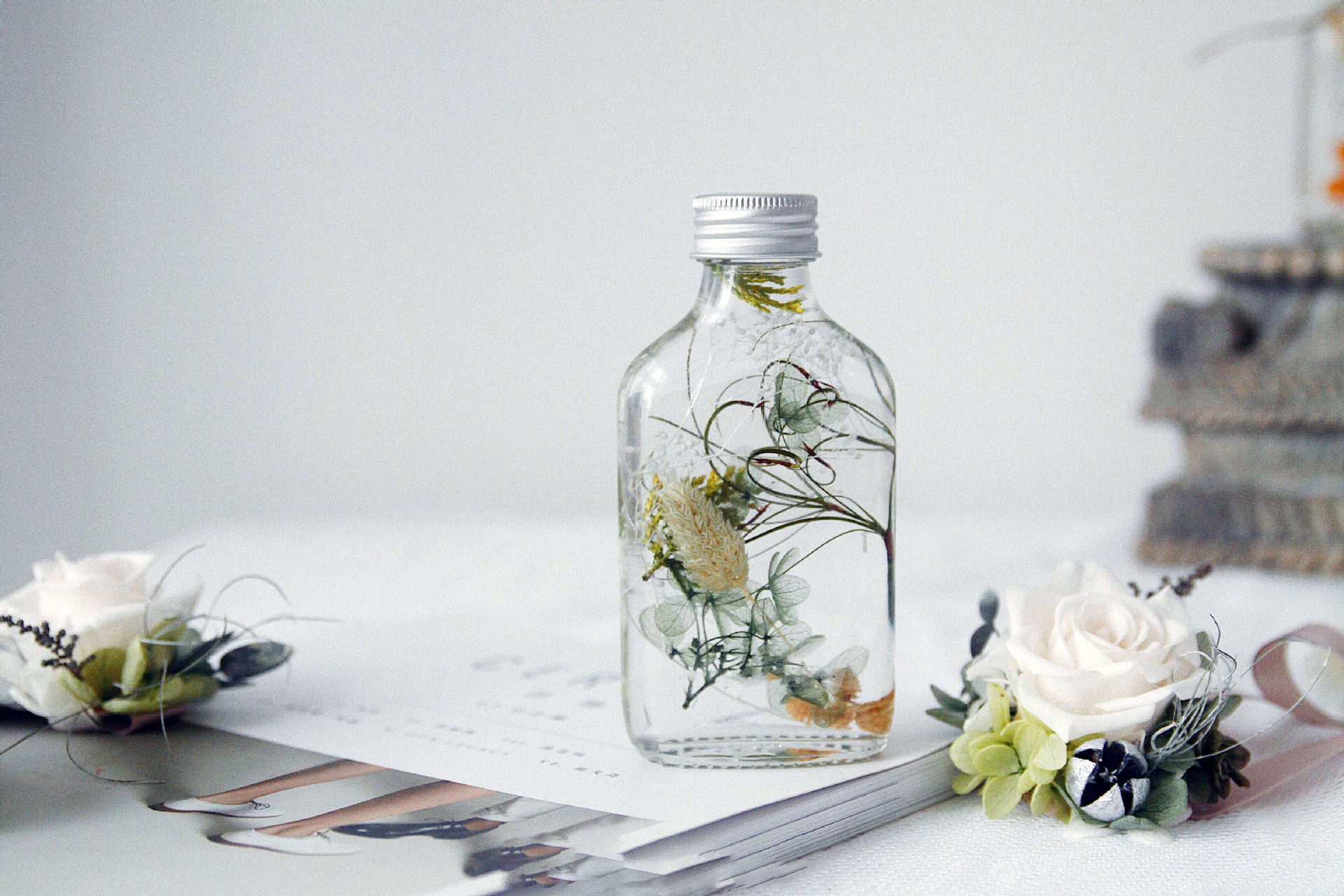 进口永生花浮游花瓶植物标本玻璃瓶礼盒装桌面摆件情人节礼物女生