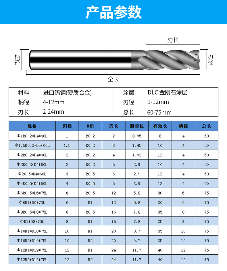 厂家直销4刃平底石墨铣刀定制 金刚石涂层石墨加工专用圆鼻刀