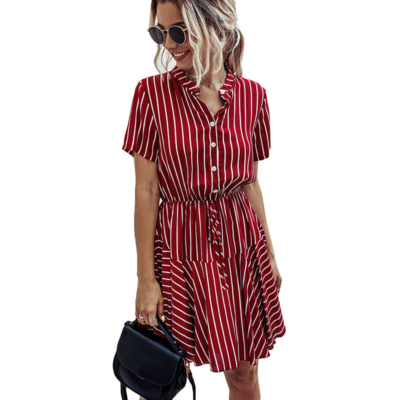 2020春夏女装时尚格纹扣子收腰短袖连衣裙印花纽扣衬衫裙310222