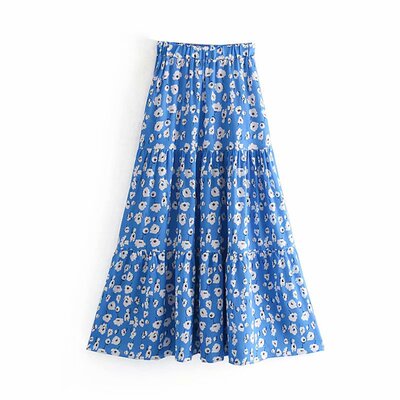 梵吉莎欧美女装新款蓝色碎花松紧腰大摆半身裙r0-9160