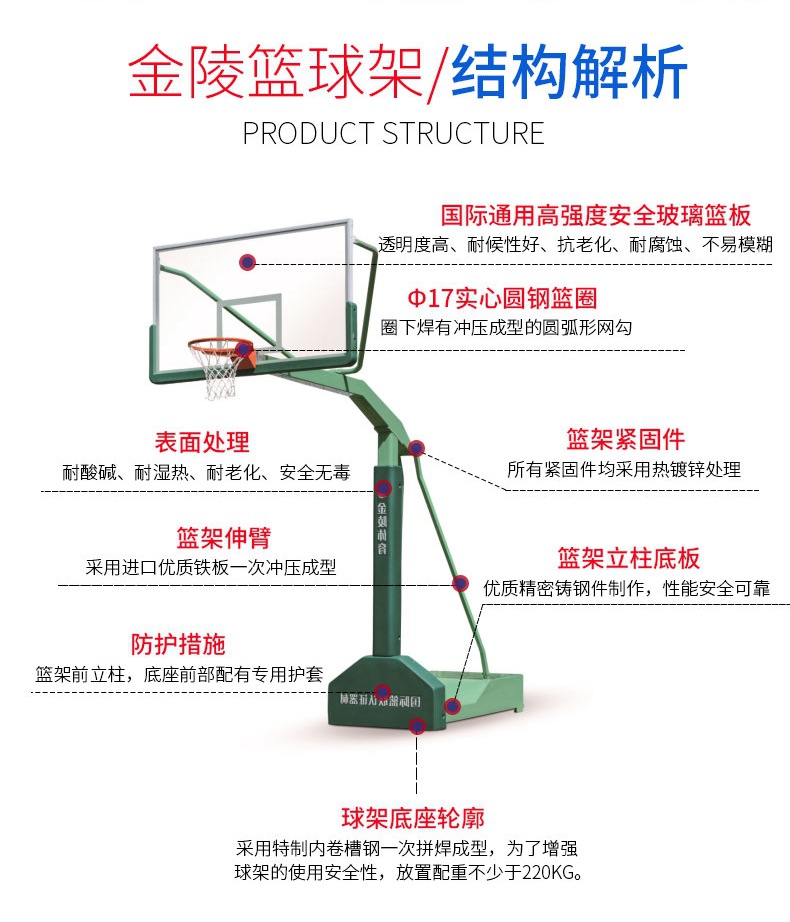 金陵篮球架ydj-2b成人户外gdj-3b钢化玻璃板落地式fiba认证安装