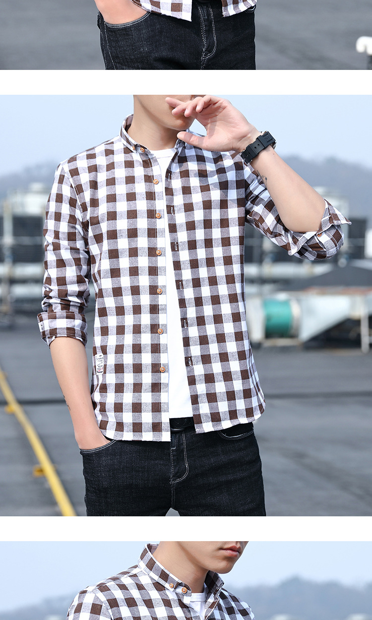 一件代发2019新款男士格子衬衫韩版修身时尚潮流衬衣帅气百搭寸衫