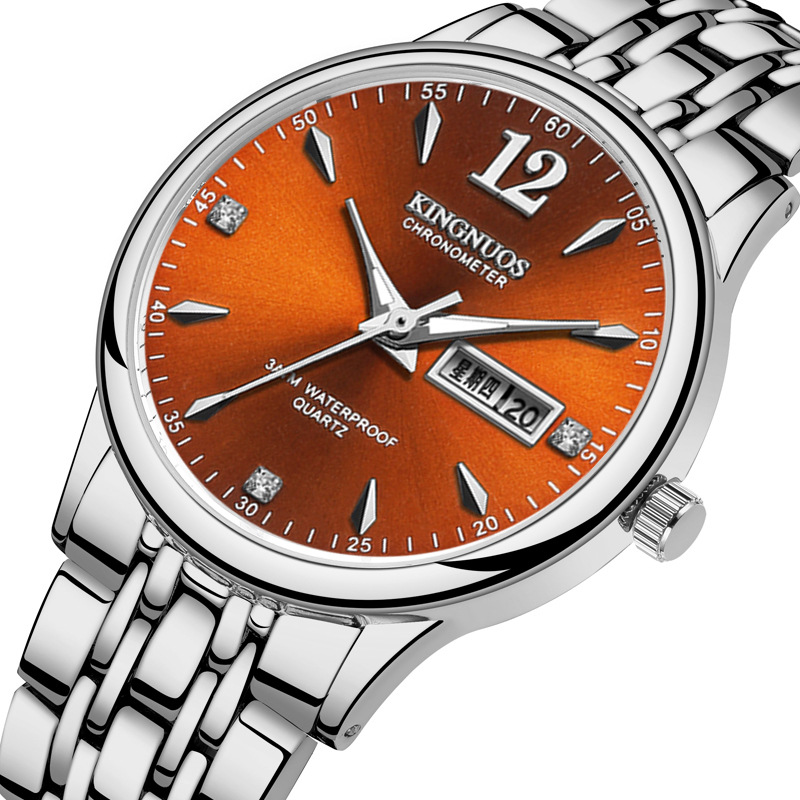 韩版时尚情侣实心钢带双日历手表 男款防水手表女款镶钻学生手表