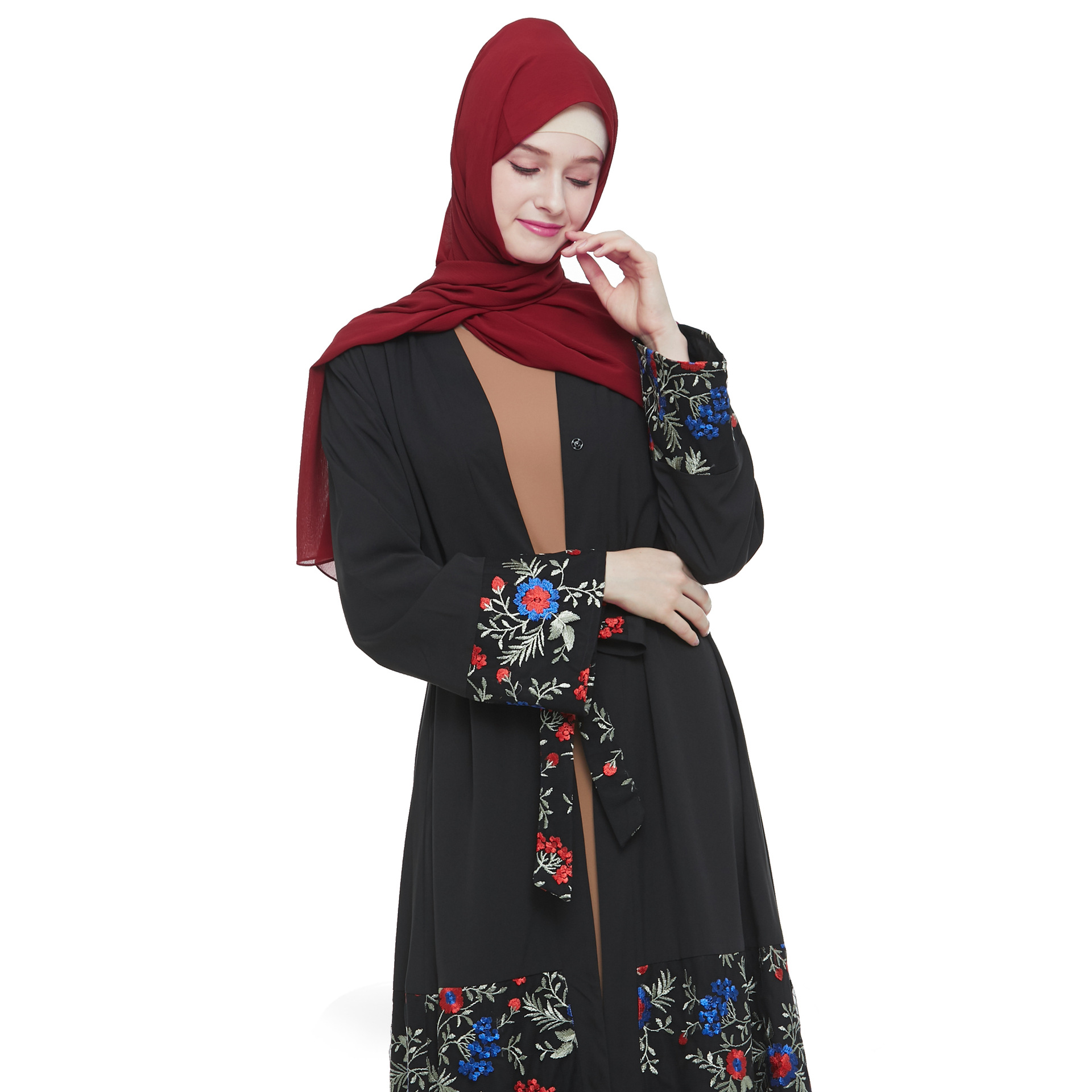 亚马逊中东迪拜阿拉伯女装 刺绣花网布拼接开衫外穿长袍abaya