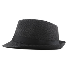 夏天中老年草纸编巴拿马爵士帽黑色方块飘带装饰礼帽透气防晒凉帽