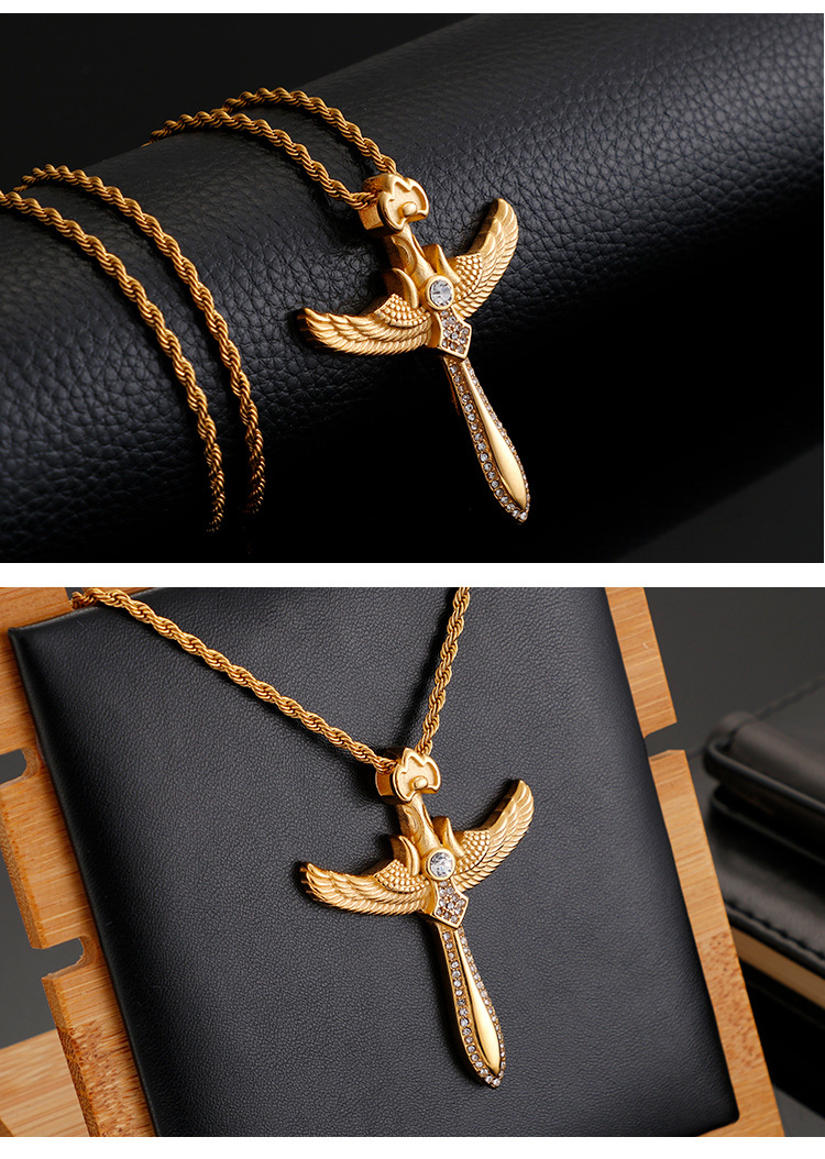 不锈钢项链天使翅膀剑吊坠 时尚复古十字钛钢男士饰品毛衣链挂件