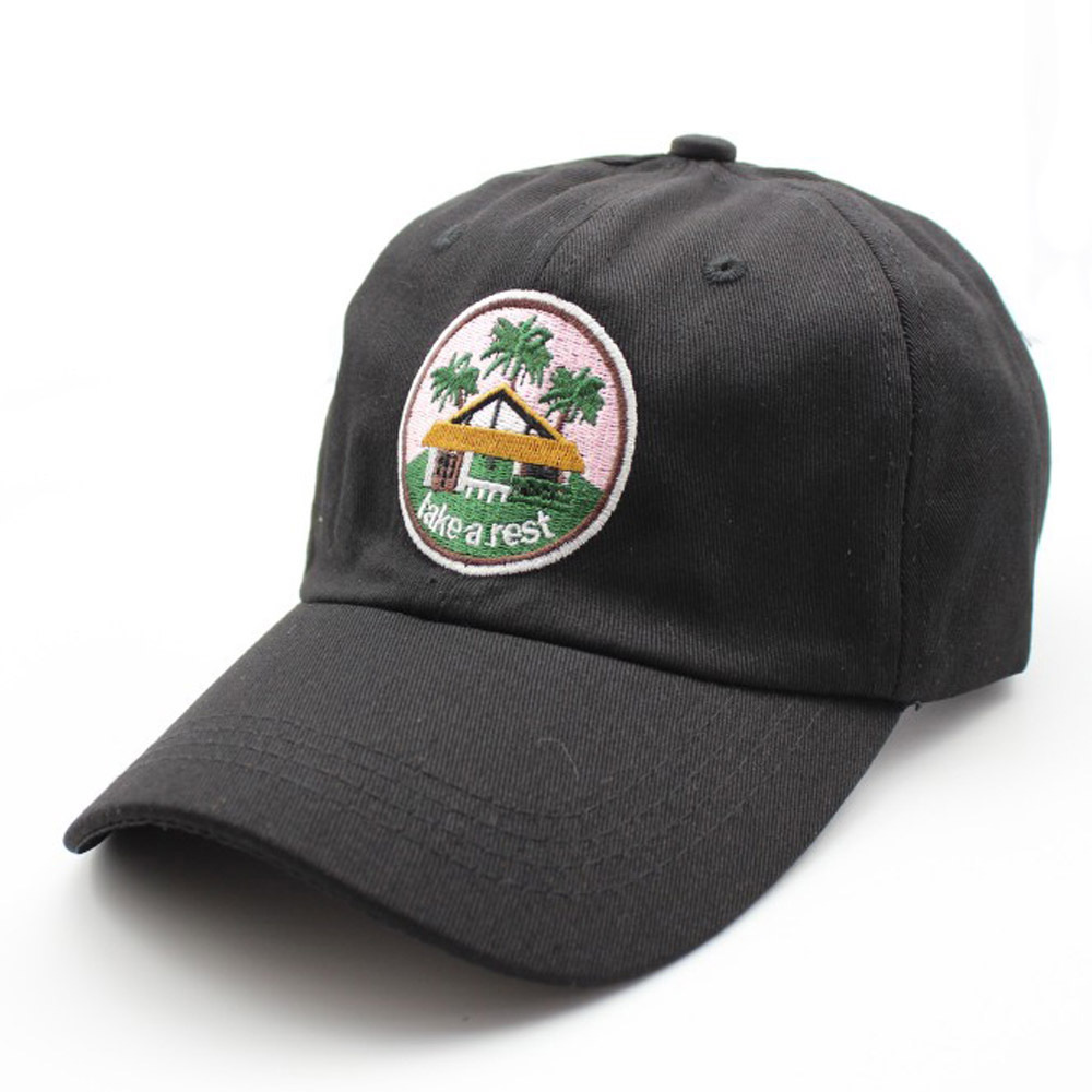 韩版网红款刺绣小房子take a rest软顶棒球帽字母弯檐帽一件代发