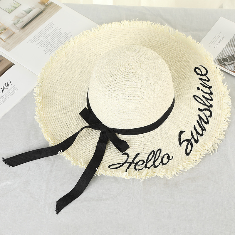 Straw Hat Ladies Bow Broad-Brimmed Hat Dome Sun Protection Beach Letter Big Brim Seaside Sunhat Tide