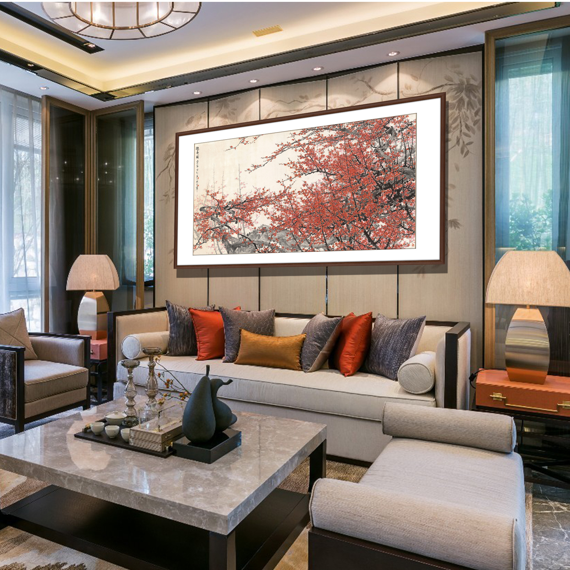 定制款新中式挂画 关山月国画花鸟梅花 客厅横幅风水山水画宣纸画