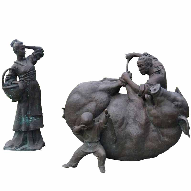 玻璃钢仿铜古代寓言故事诚实守信主题人物曾子杀猪雕塑 公园摆件
