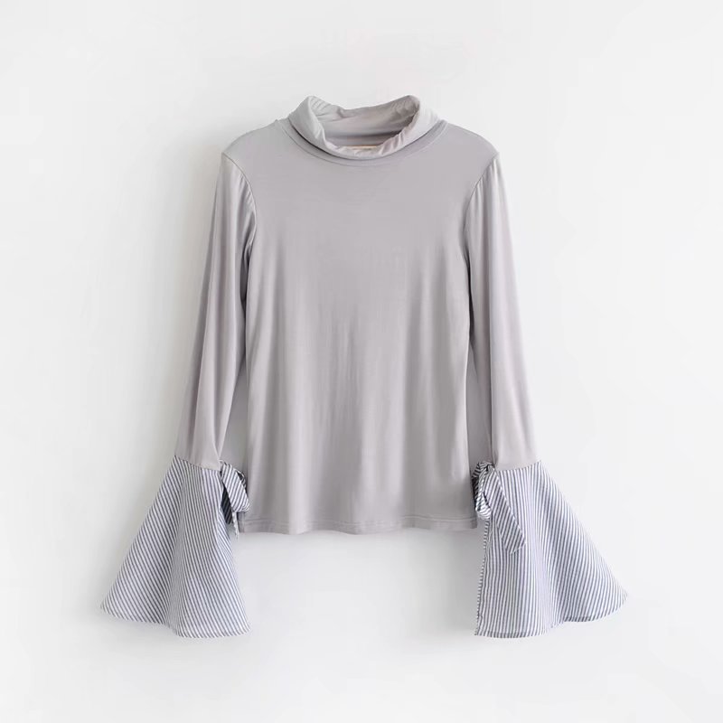 秋季新款女装欧美风小立领喇叭袖口装饰打底套头衫上衣女式