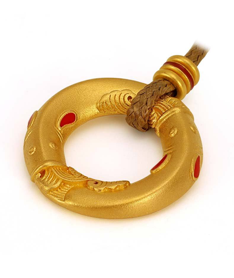 古法传承手工喷砂镀镀黄金双鱼烧蓝平安扣吊坠 老挝砂金不易掉色