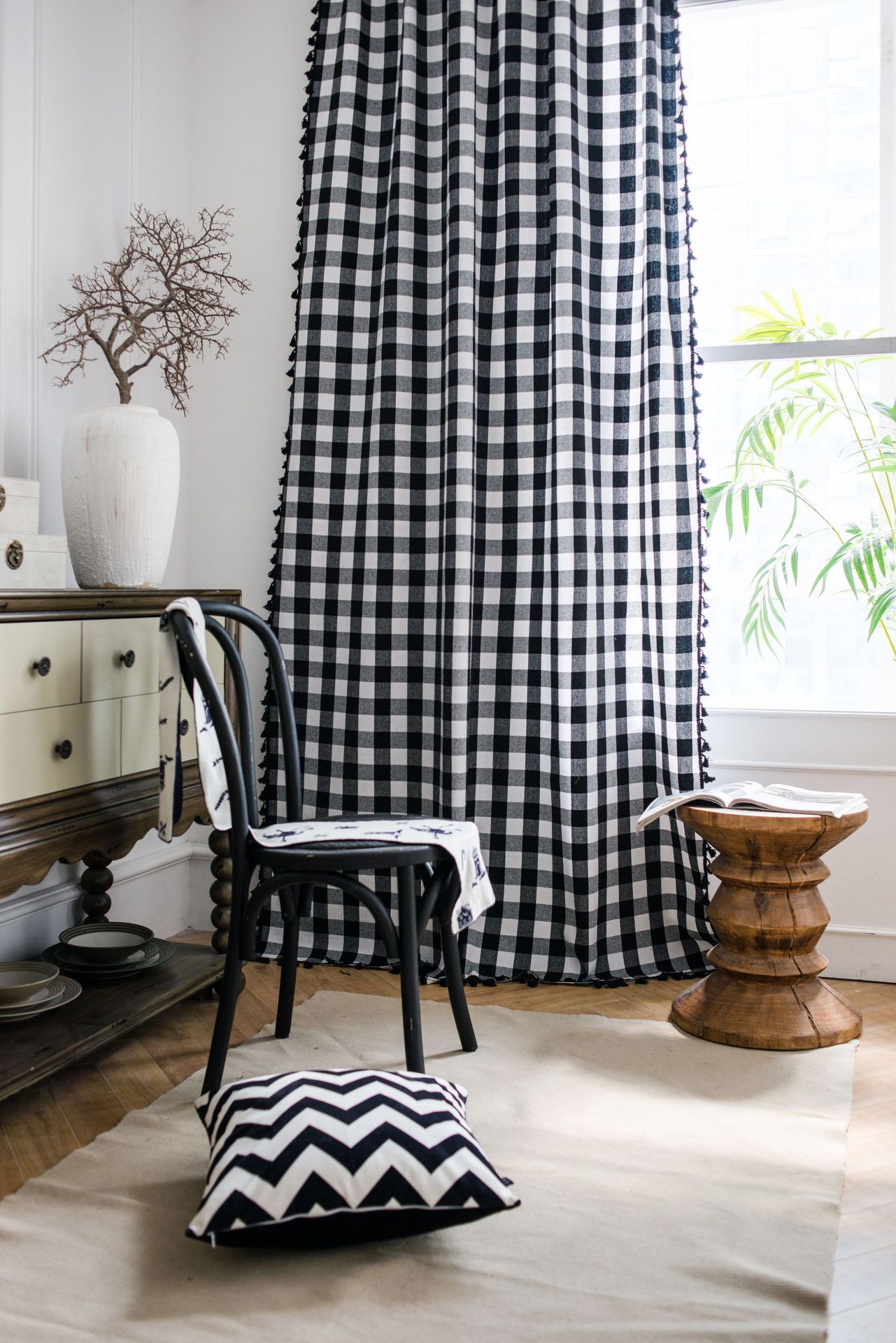 伊缦琪韵窗帘成品黑白格子流苏美式小窗厨房帘棉麻半遮光飘窗