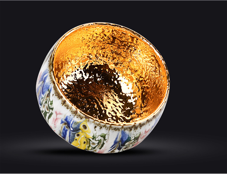 赖新奎 陶瓷鎏金品茗杯金茶杯24k纯金建盏功夫茶具茶碗主人杯单杯