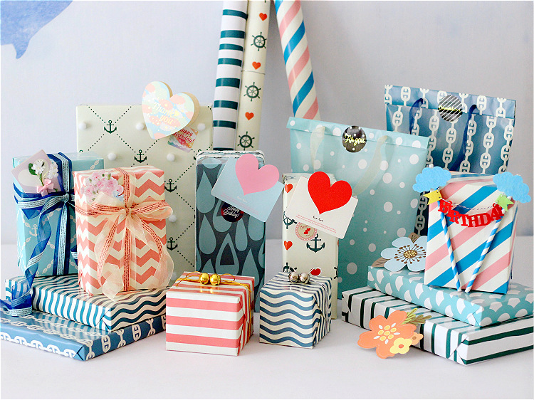 清新海洋风礼品包装纸条纹波浪礼物 学生包书皮纸可定制100g铜版