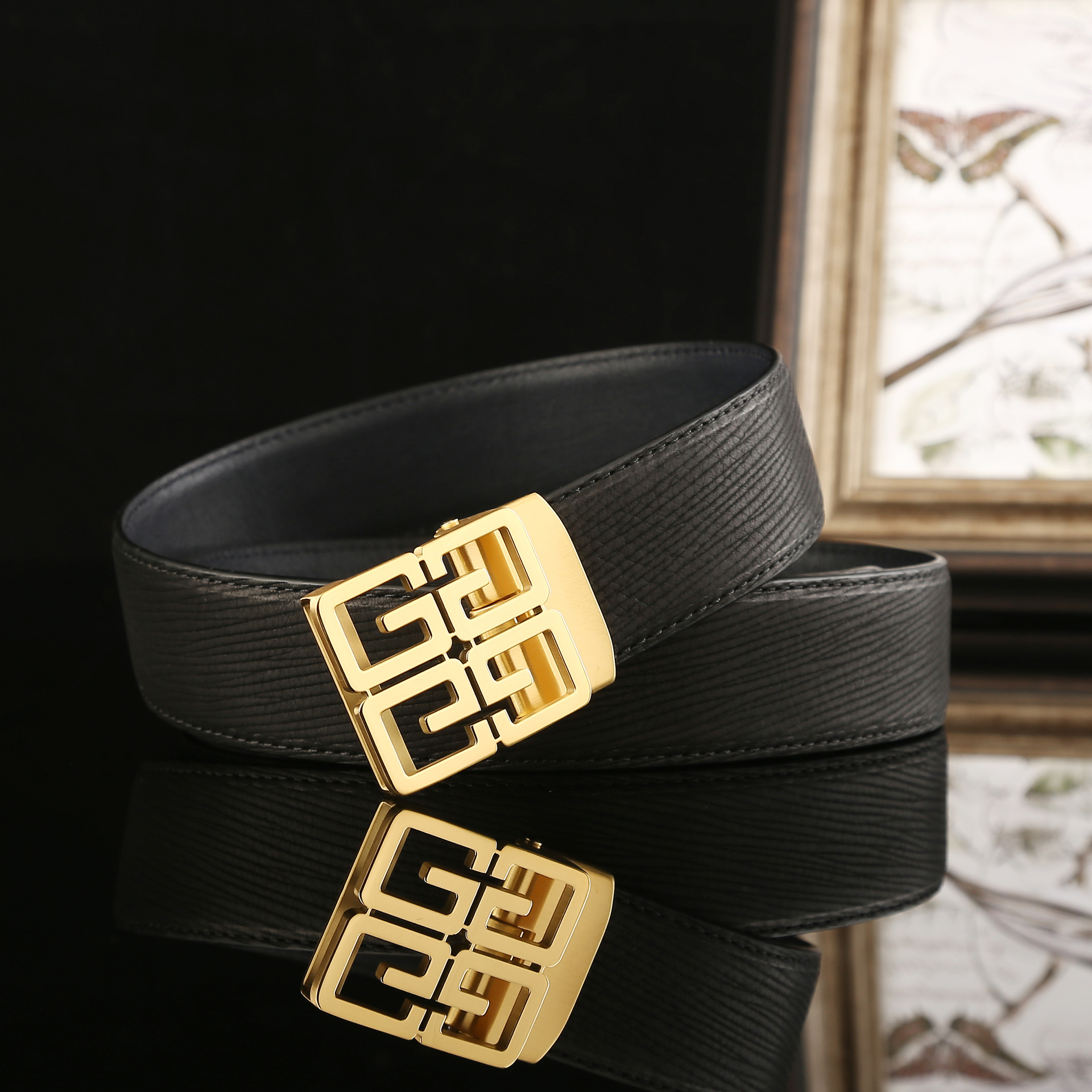 5男士不锈钢自动扣皮带 黑色头层水波纹牛皮腰带 高档真皮皮带