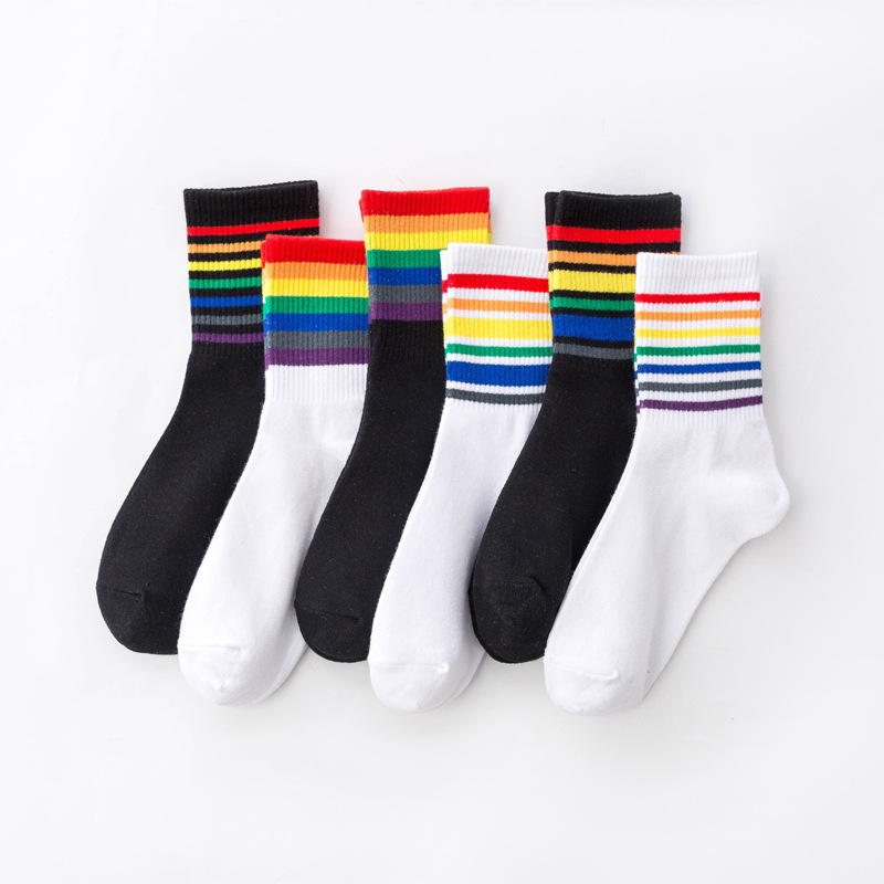 Spring and Autumn Net Red Socks Women's Rainbow Long Socks Striped Sweet Ins College Style Girls' Trendy Mid-Calf Length Socks Socks