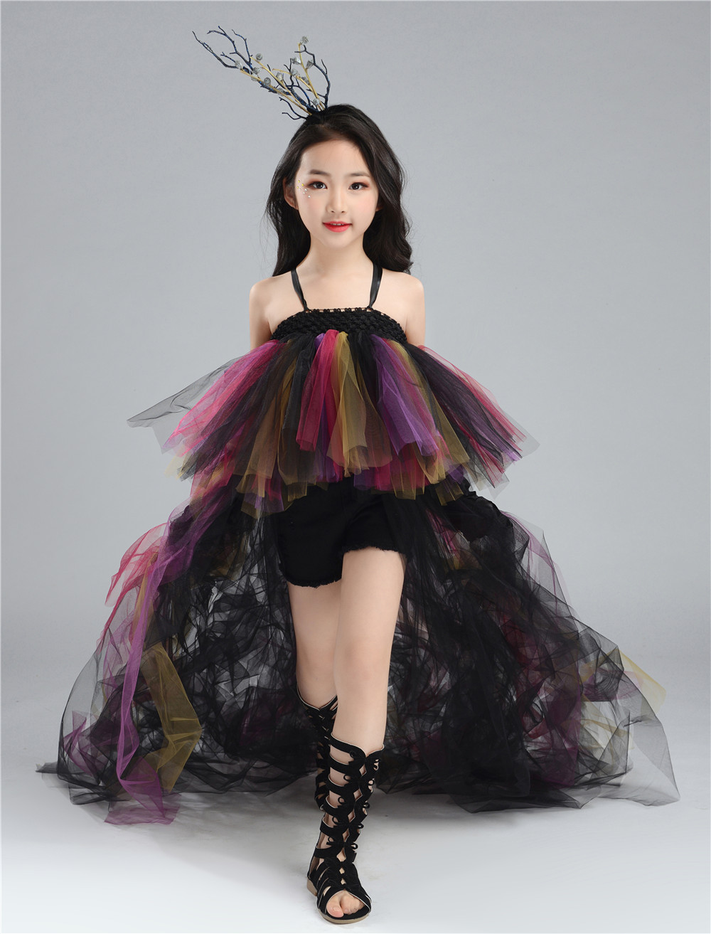 女童走秀拖尾套装个性模特时尚拖尾裙 儿童彩色车模服装走秀礼服