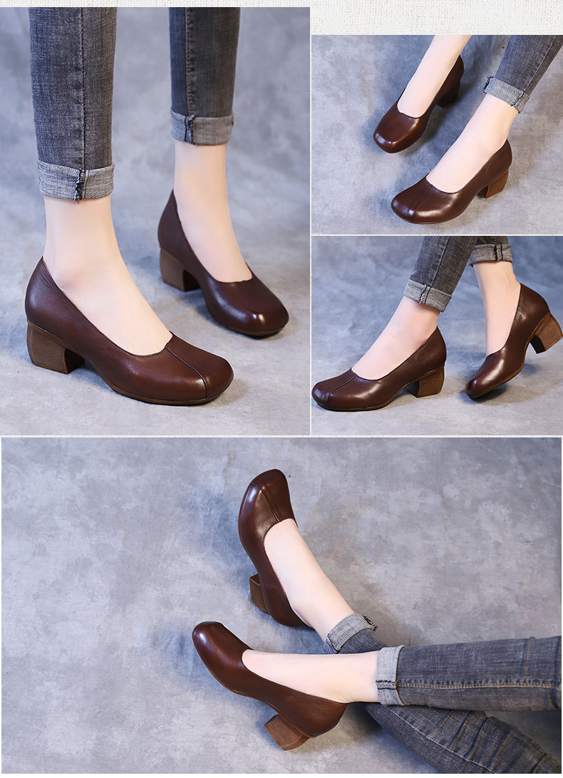 纤纤佳人2019春新款真皮方头女单鞋软底皮鞋工作鞋复古鞋粗跟女鞋