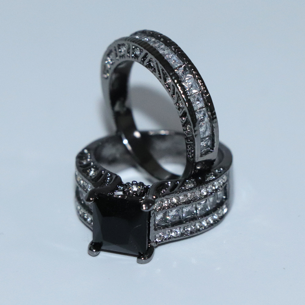 wish热卖 欧美奢华黑金双层套戒 方锆石镀黑金戒指批发