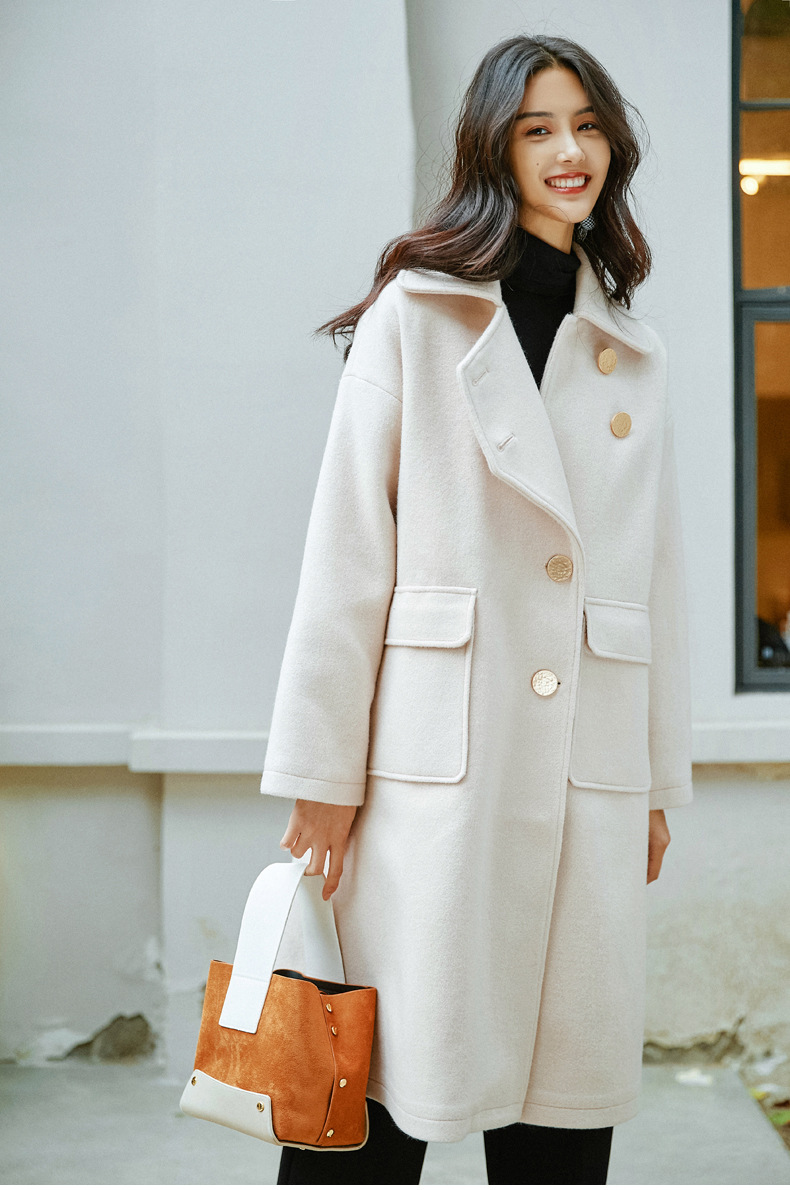 moffi2018冬季新款米白色呢子大衣中长款韩版大口袋外套潮