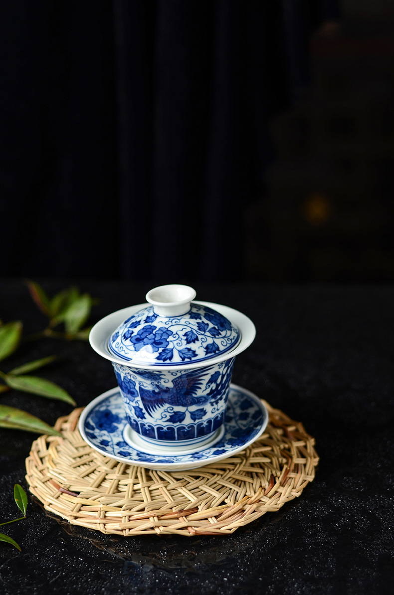 景德镇手绘陶瓷仿古青花盖碗凤翅九天手工瓷三才碗茶杯茶碗泡茶碗