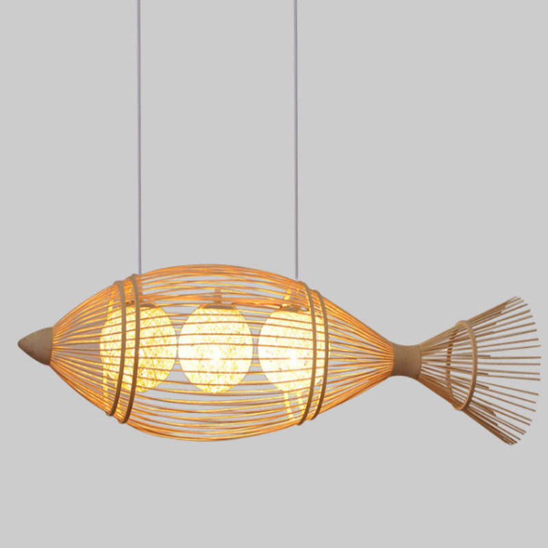 中式竹艺创意鱼形吊灯个性时尚餐厅三头简约现代客厅饭厅竹编吊灯