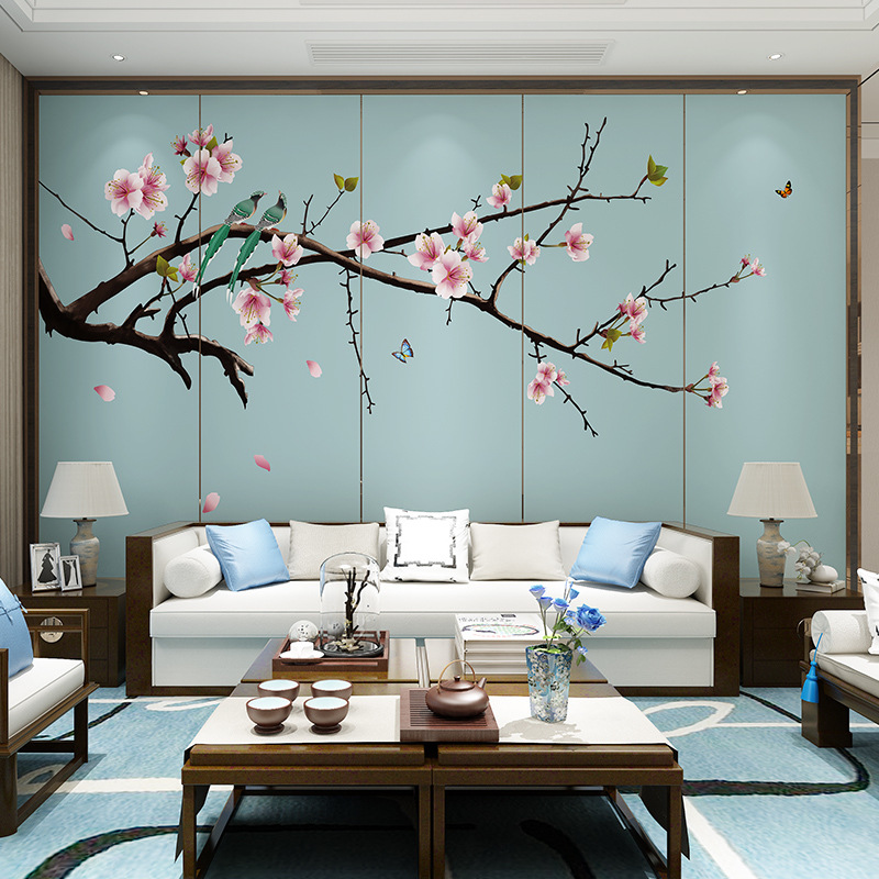 喜上眉梢花鸟梅花新中式沙发电视背景墙壁纸简约现代客厅壁画墙布
