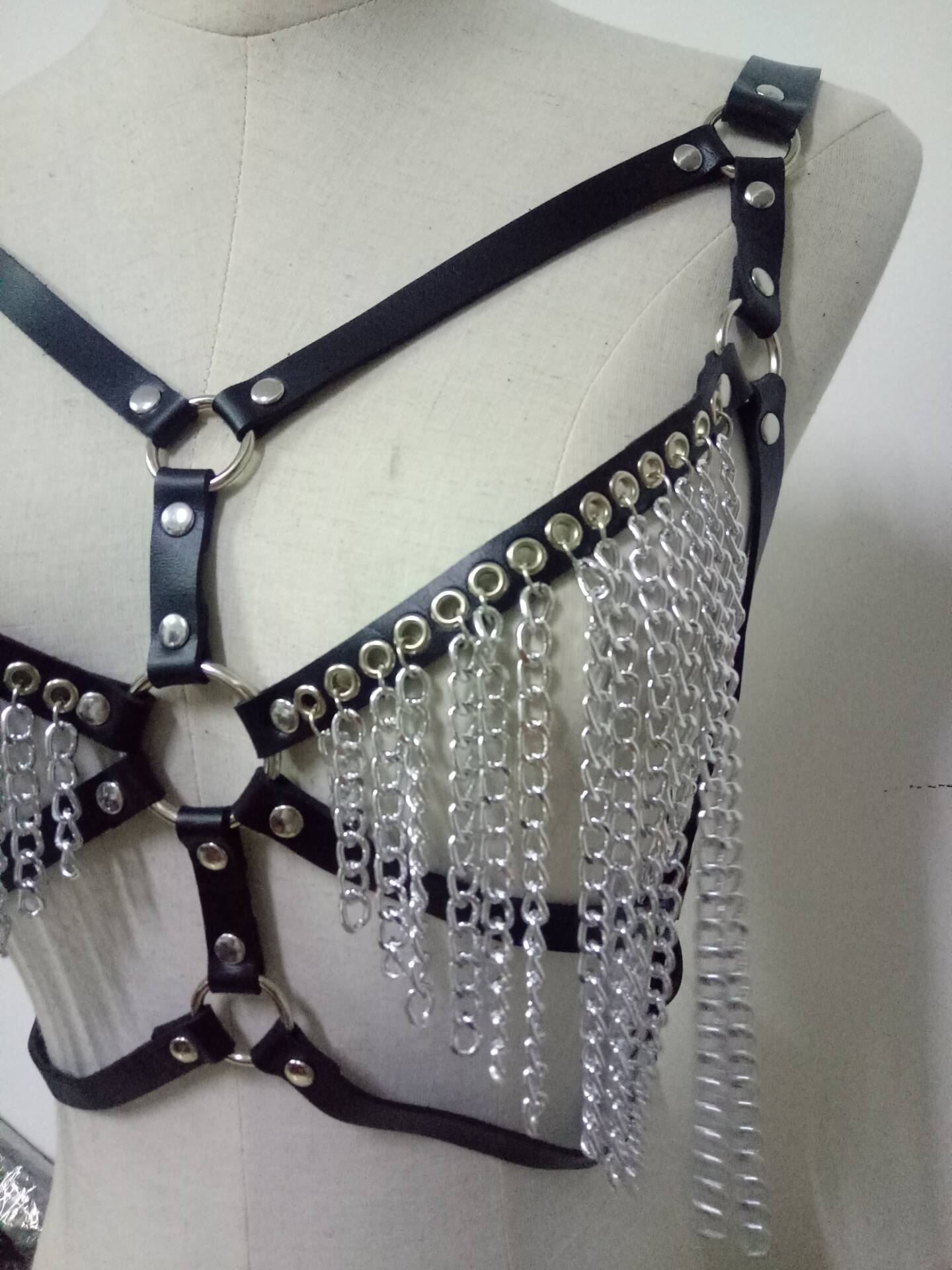 欧美摇滚性感皮质身体链胸罩文胸链条流苏比基尼背心背带胸带吊带