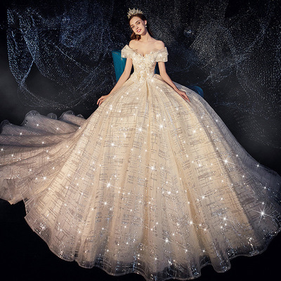 主婚纱2019新款一字肩森系梦幻超仙星空新娘礼服冬季豪华奢侈拖尾