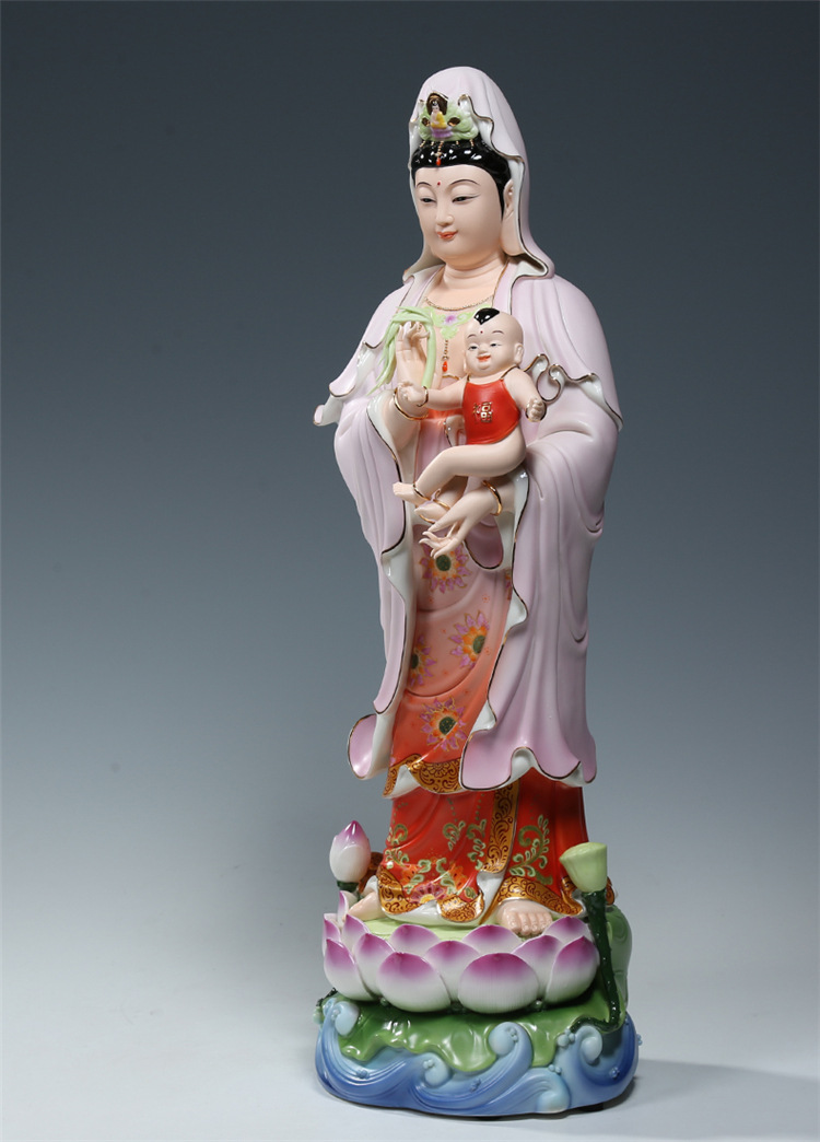 微美彩绘陶瓷21吋立莲送子观音佛像摆件家用供奉求子观世音菩萨