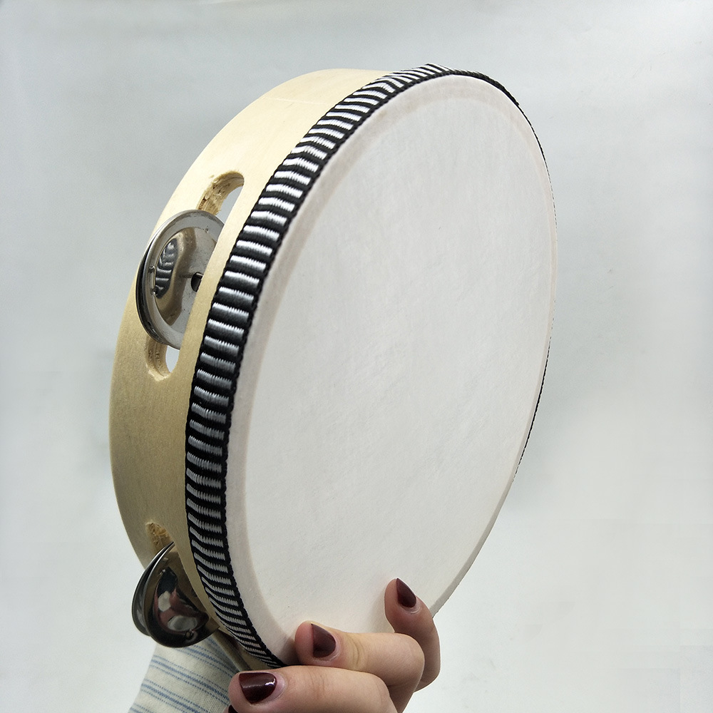 批发奥尔夫乐器木色黑边8寸手摇铃鼓仿羊皮手拍鼓幼教音乐玩具