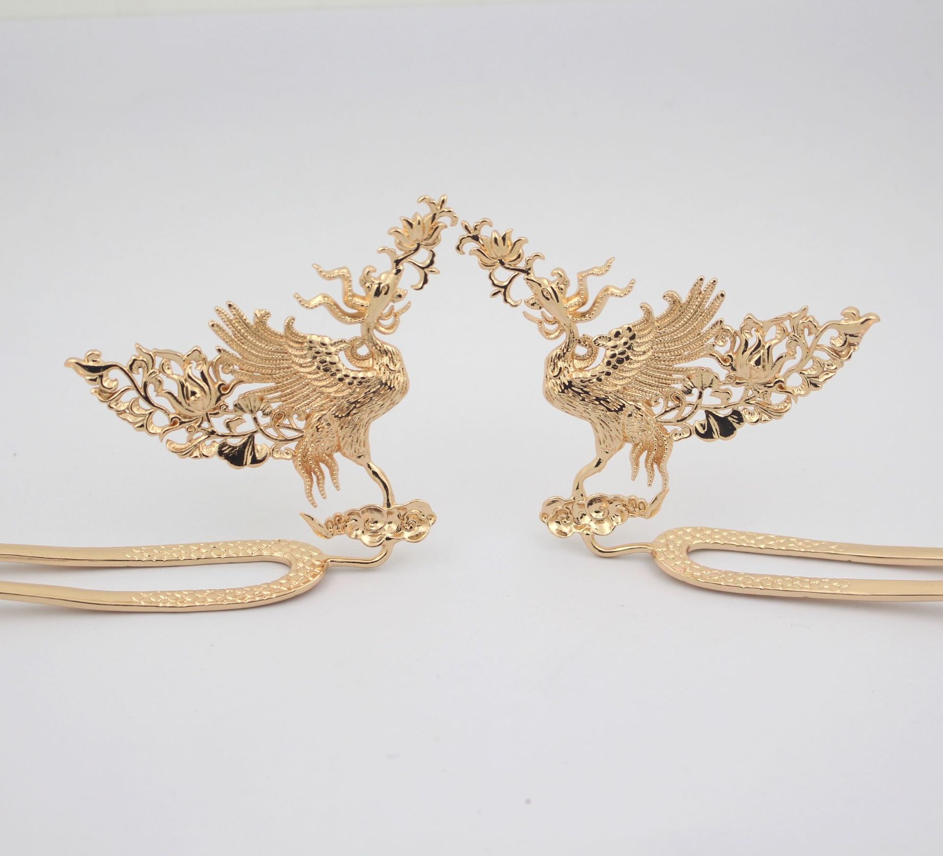 古风发簪饰品配件纯铜保色金凤凰双直发簪发钗簪子