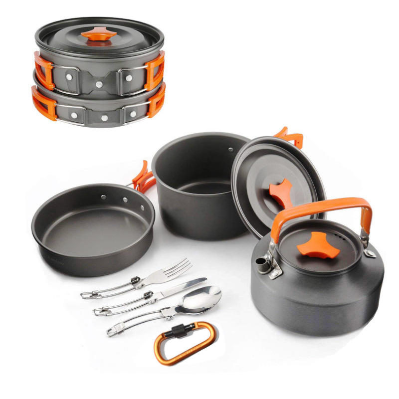 亚马逊户外炊具野营套锅小茶壶组合 2-3人野炊锅具套装露营用品