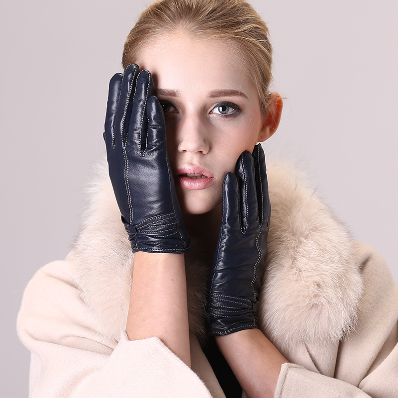 Genuine Leather Gloves Winter Women's Warm Gloves Wholesale Outdoor Goatskin Gloves Fleece Lined Thick Gloves Windproof Cold-Proof Soft Gloves