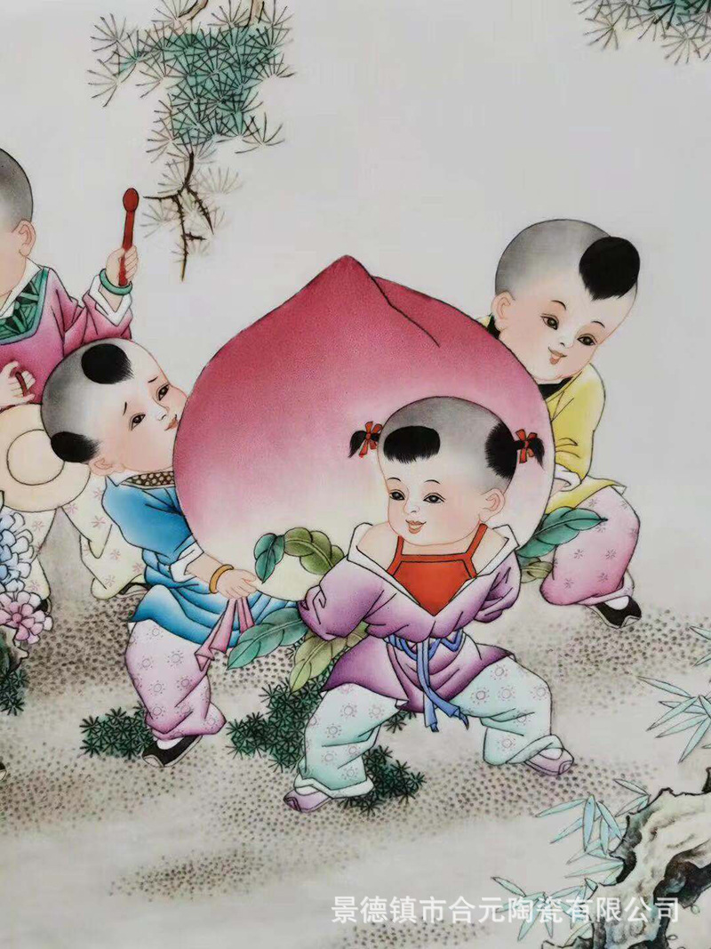 景德镇大师占年福手绘1米吉庆献寿陶瓷屏风圆形童子祝寿图瓷板画