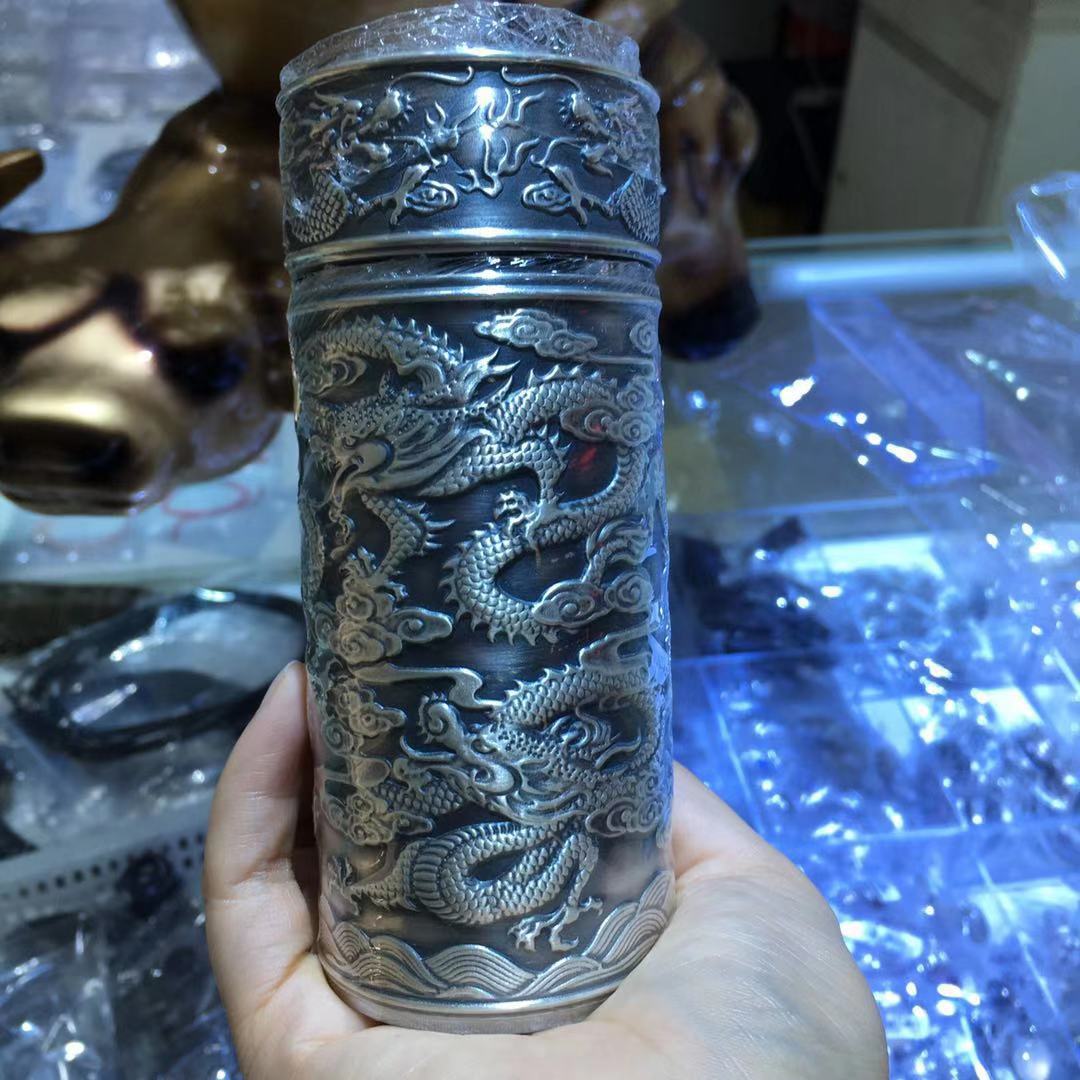 乾龙足银999保温杯浮雕袖珍直身水杯纯银杯九龙茶杯便携送礼