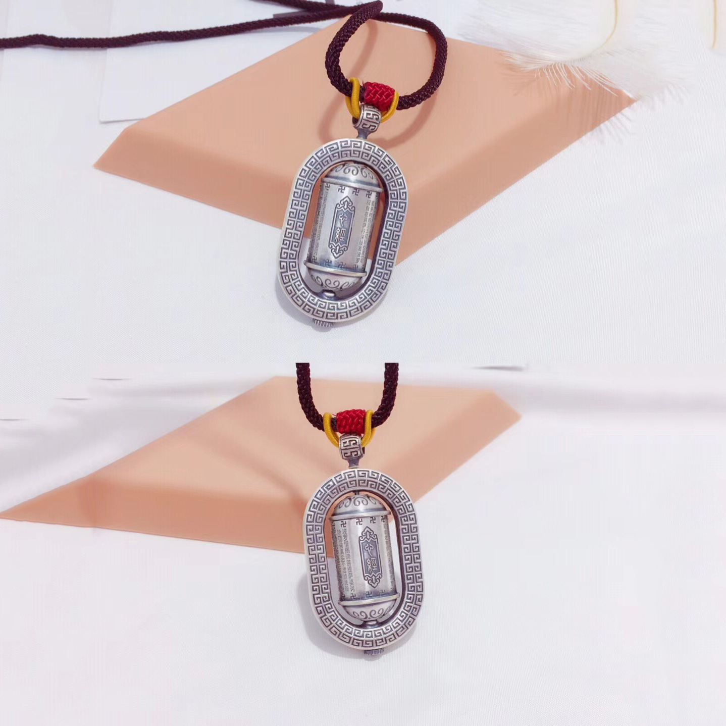 999足银心经吊坠 复古做旧万字转经筒挂坠项链男女款可转动银饰