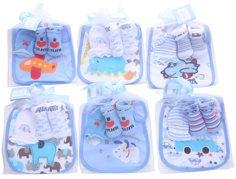 Foreign Trade Supply Striped Baby Socks Letter Cartoon Cute Baby Socks Gloves Saliva Towel Set