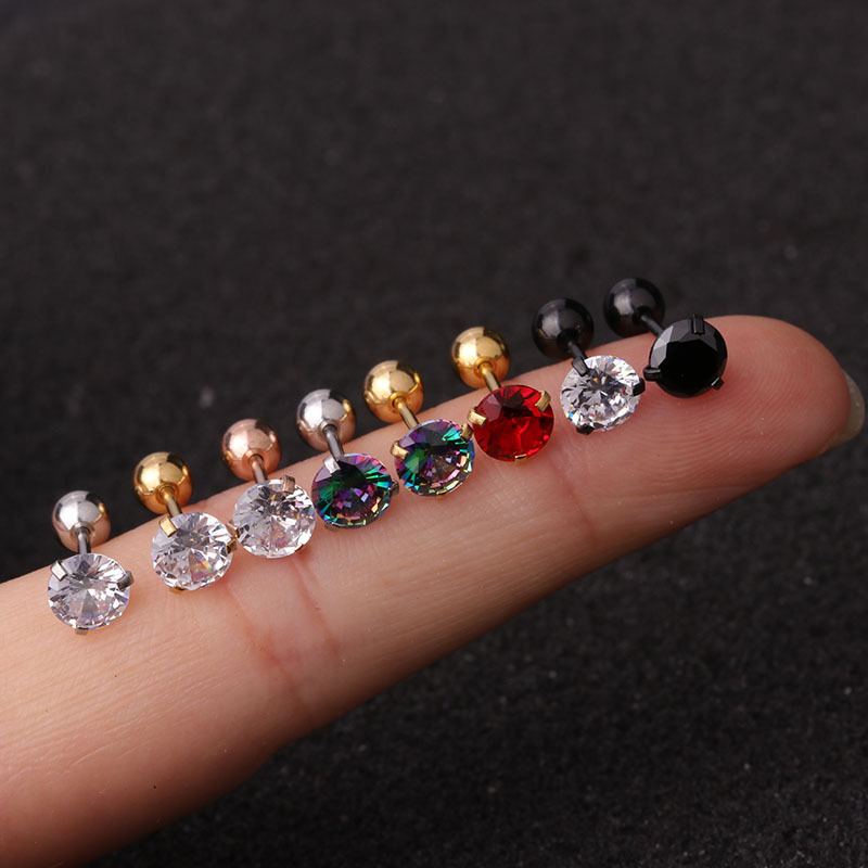 Aliexpress Ornament Simple 3-Claw Zircon Stud Earrings Stainless Steel Screw Ear Bone Stud Foreign Trade Ear Piercing Wholesale