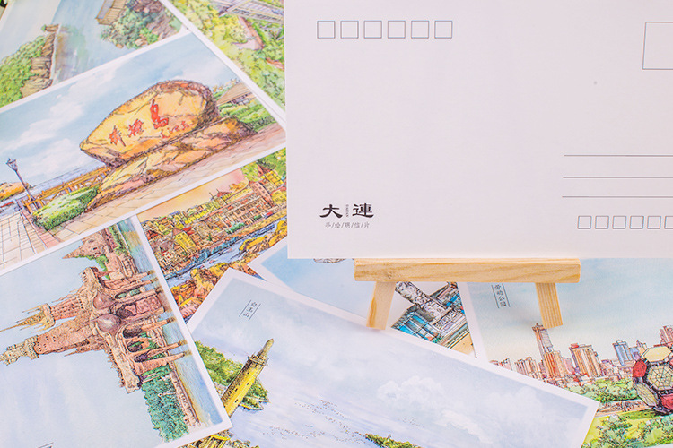 手绘明信片 大连 旅游景点星海广场金石滩卡片10张人