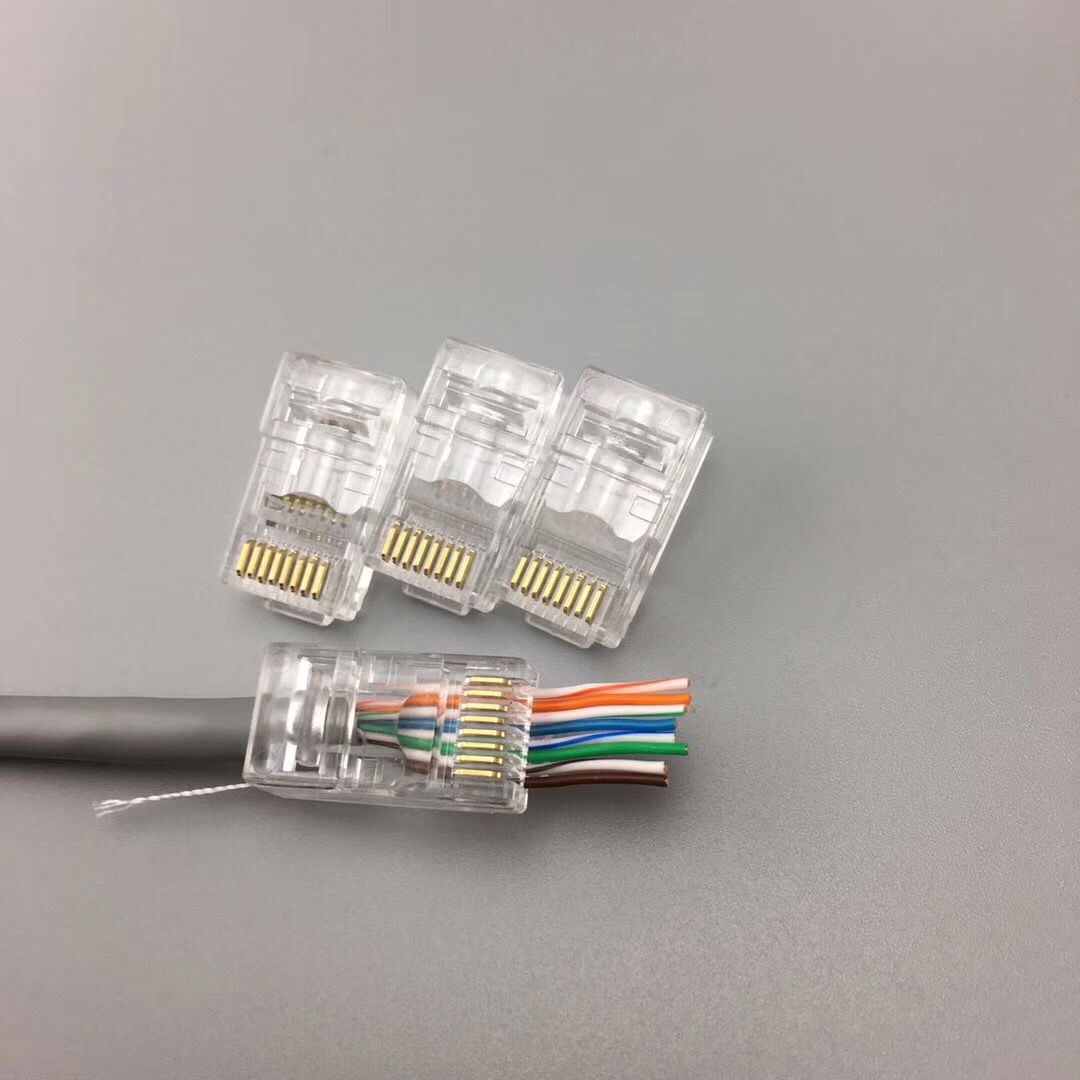 通孔式超五类水晶头cat5e超五类穿孔网络水晶头三叉镀金100个/盒