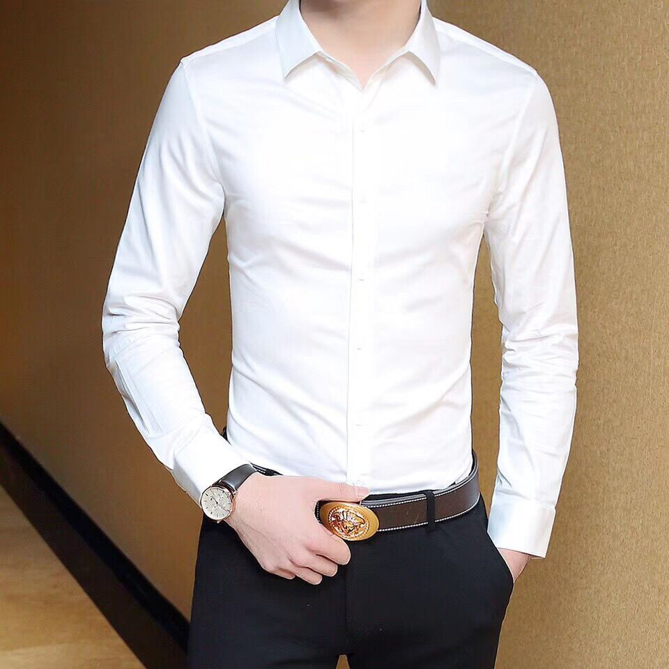青年韩版潮修身男士白衬衣新款男式长袖衬衫纯色免烫寸衫一件代发
