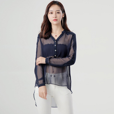 2019夏季新款女装衬衫中长款透明性感乔其真丝长袖女式衬衣