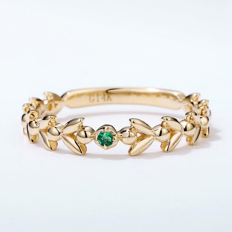 日本轻奢14k黄金橄榄枝桂冠戒指女森女风镶天然祖母绿精工k金手饰