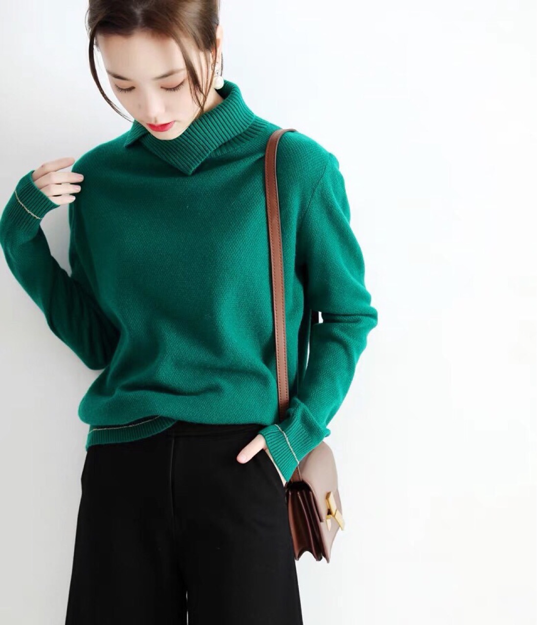 日系轻奢 小翻领显白细腻桂花针套头内搭毛衣女可外穿针织衫秋冬